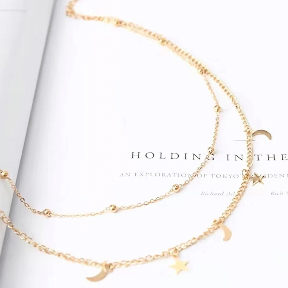 BRAND NEW 18K Gold Plated Moon Star Collarbone Chain Necklace - Picture 2 of 4